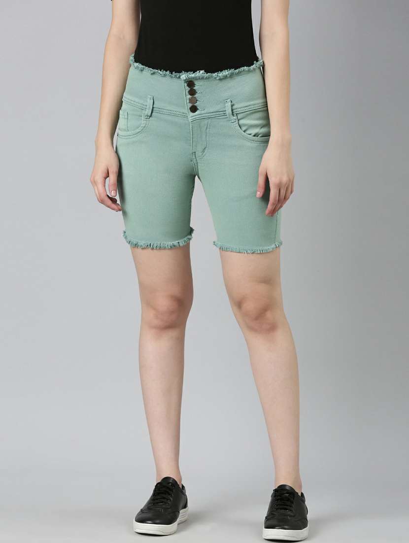 green solid above knee denim shorts