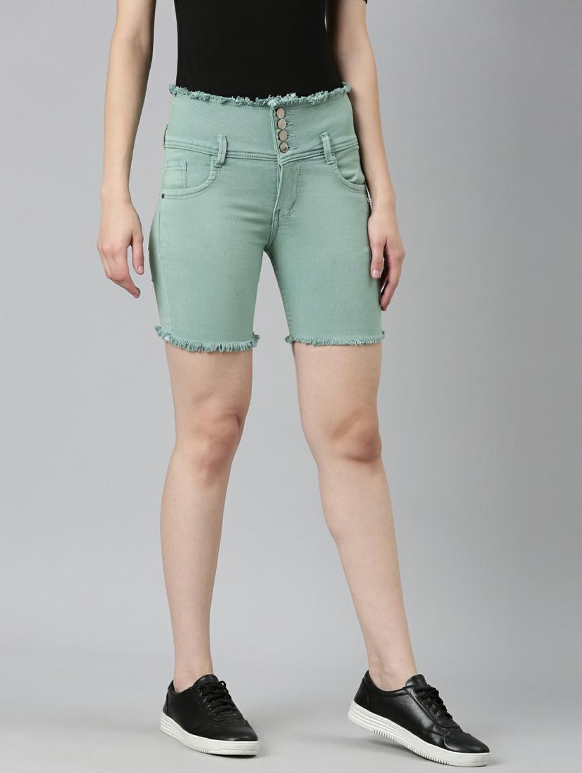 green solid above knee denim shorts - 20249286 - Standard Image - 1