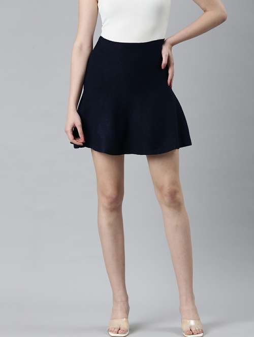 navy blue solid high rise skater skirt - 20249448 -  Standard Image - 0