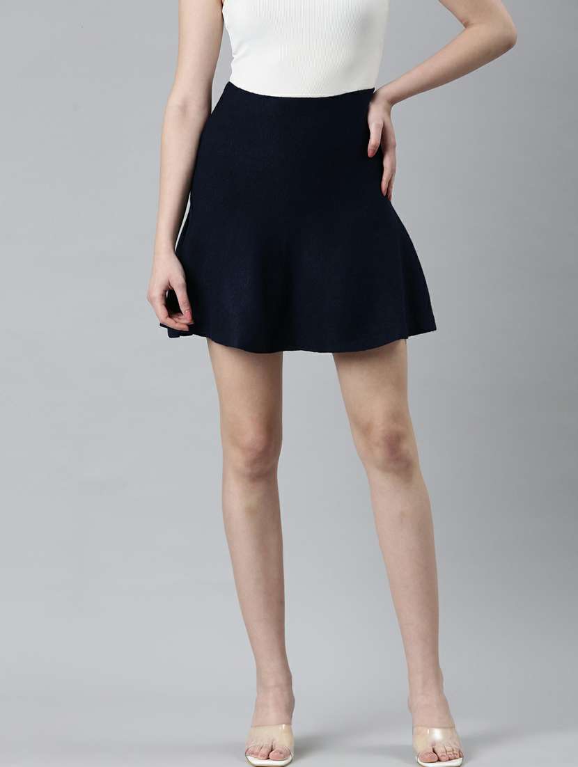 navy blue solid high rise skater skirt - 20249448 -  Zoom Image - 0