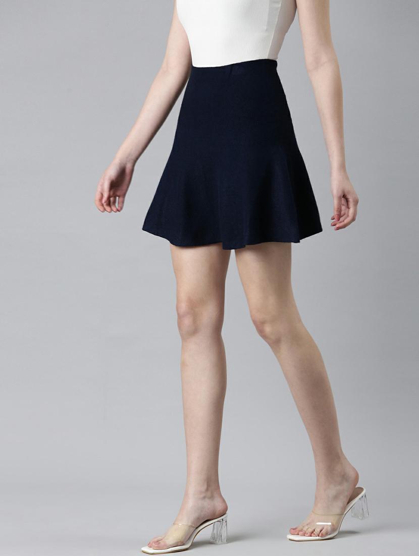 navy blue solid high rise skater skirt - 20249448 - Standard Image - 1