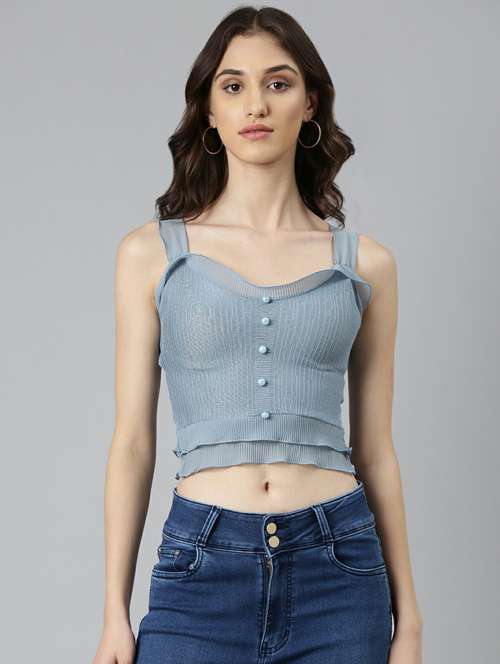 blue solid shoulder strap crop top - 20249458 -  Standard Image - 0