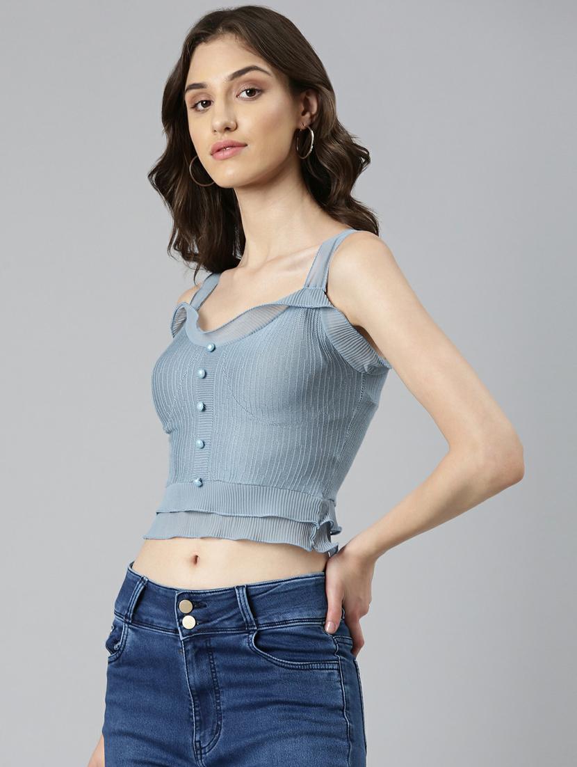 blue solid shoulder strap crop top - 20249458 - Standard Image - 1