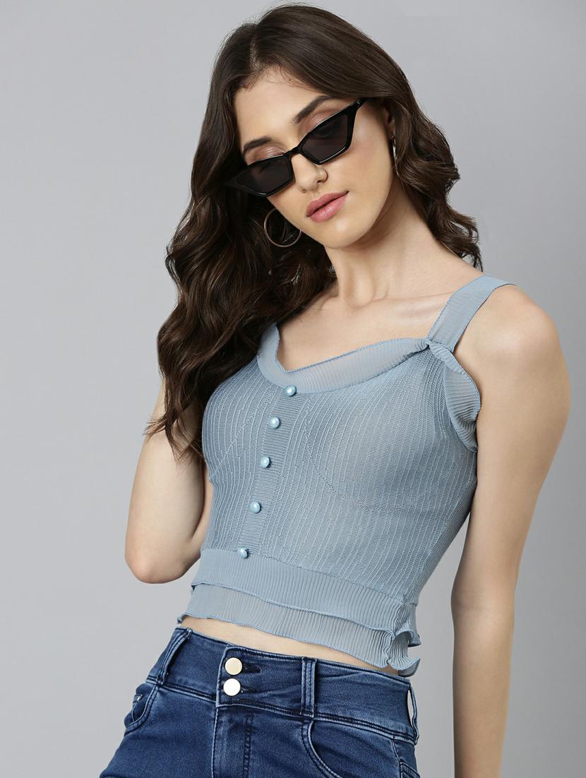 blue solid shoulder strap crop top - 20249458 - Standard Image - 4