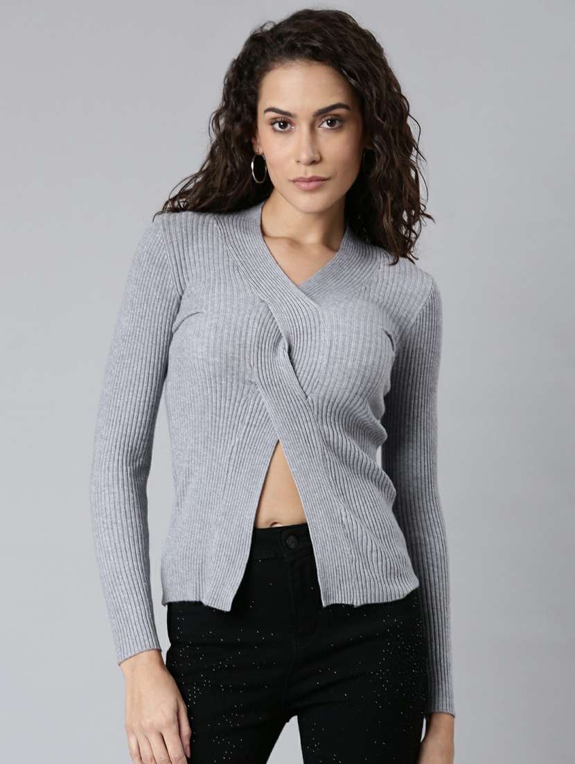 women's v-neck solid grey acrylic regular top