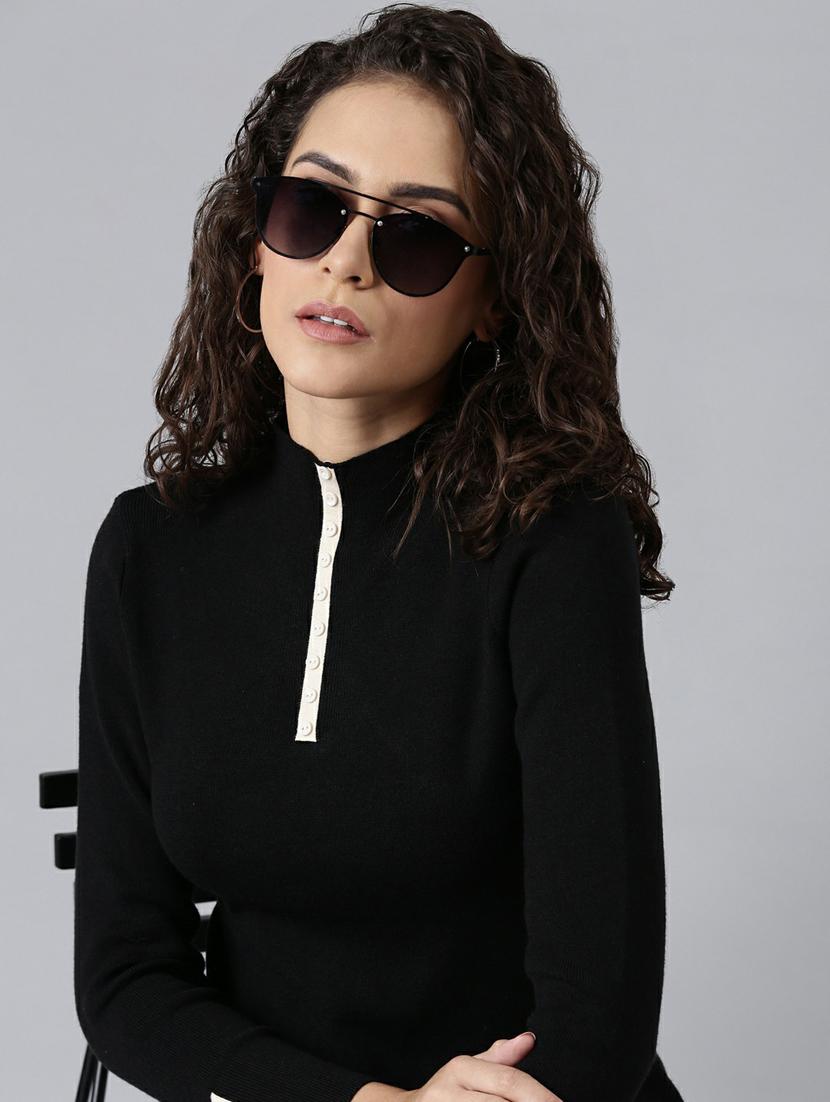 high neck full sleeve acrylic black women's casual top - 20249464 - Standard Image - 4
