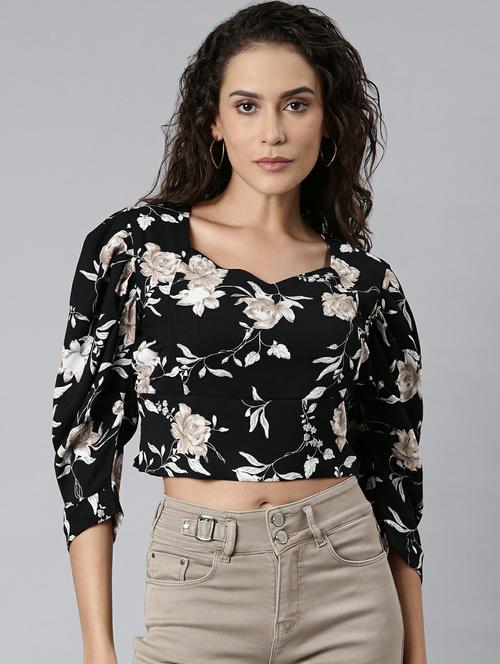 floral print black georgette women's crop top - 20249474 - Standard Image - 0