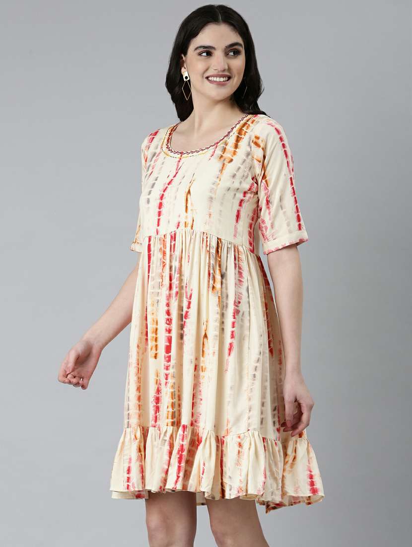 beige tie & dyed fit & flare dress - 20249514 -  Standard Image - 1