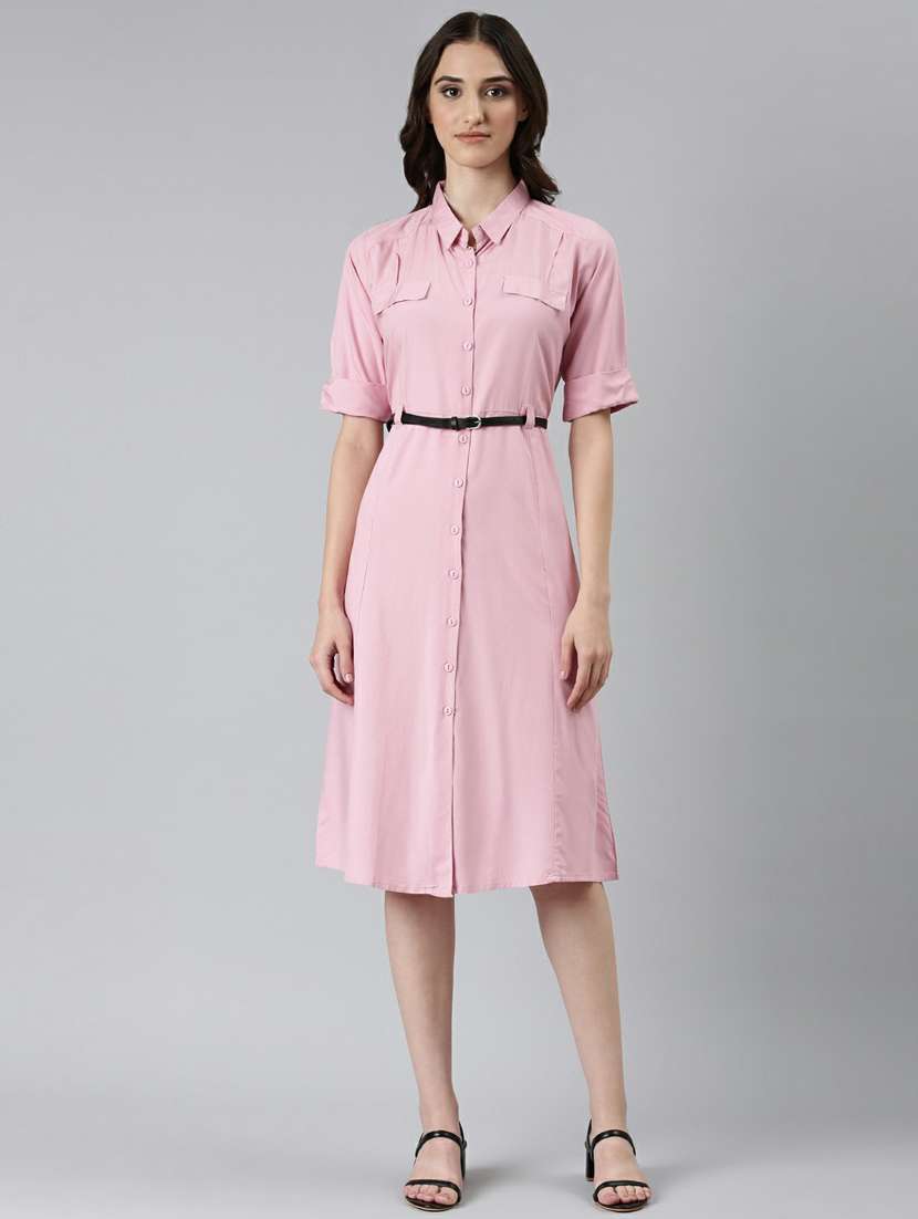 pink solid short sleeves a-line dress with belt