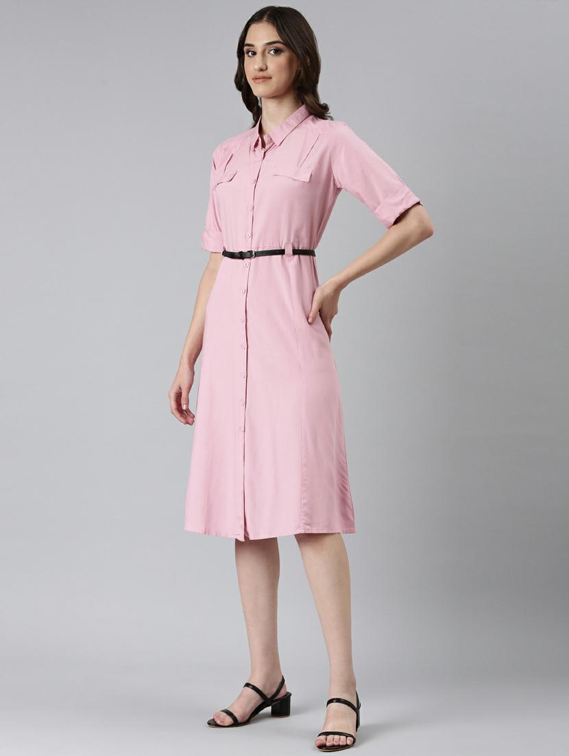 pink solid short sleeves a-line dress with belt - 20249519 - Standard Image - 1