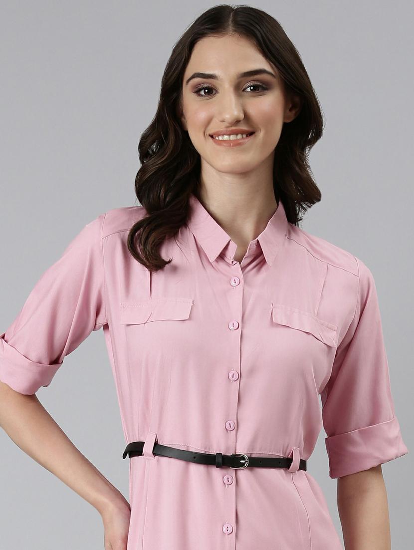 pink solid short sleeves a-line dress with belt - 20249519 - Standard Image - 4