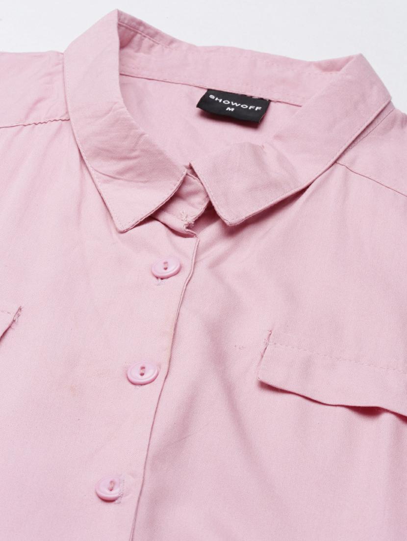 pink solid short sleeves a-line dress with belt - 20249519 - Standard Image - 6