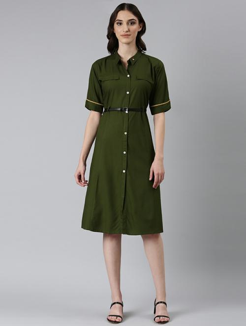 olive solid short sleeves a-line dress with belt - 20249521 -  Standard Image - 0