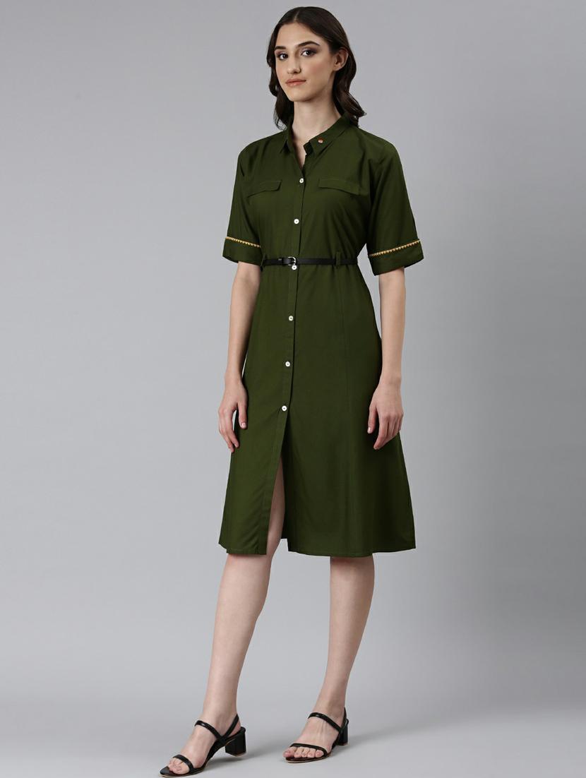 olive solid short sleeves a-line dress with belt - 20249521 - Standard Image - 1