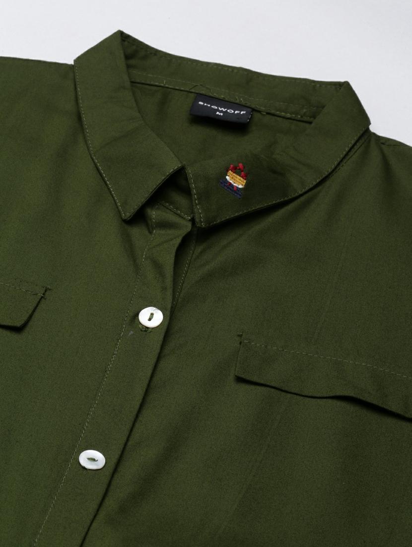 olive solid short sleeves a-line dress with belt - 20249521 - Standard Image - 6