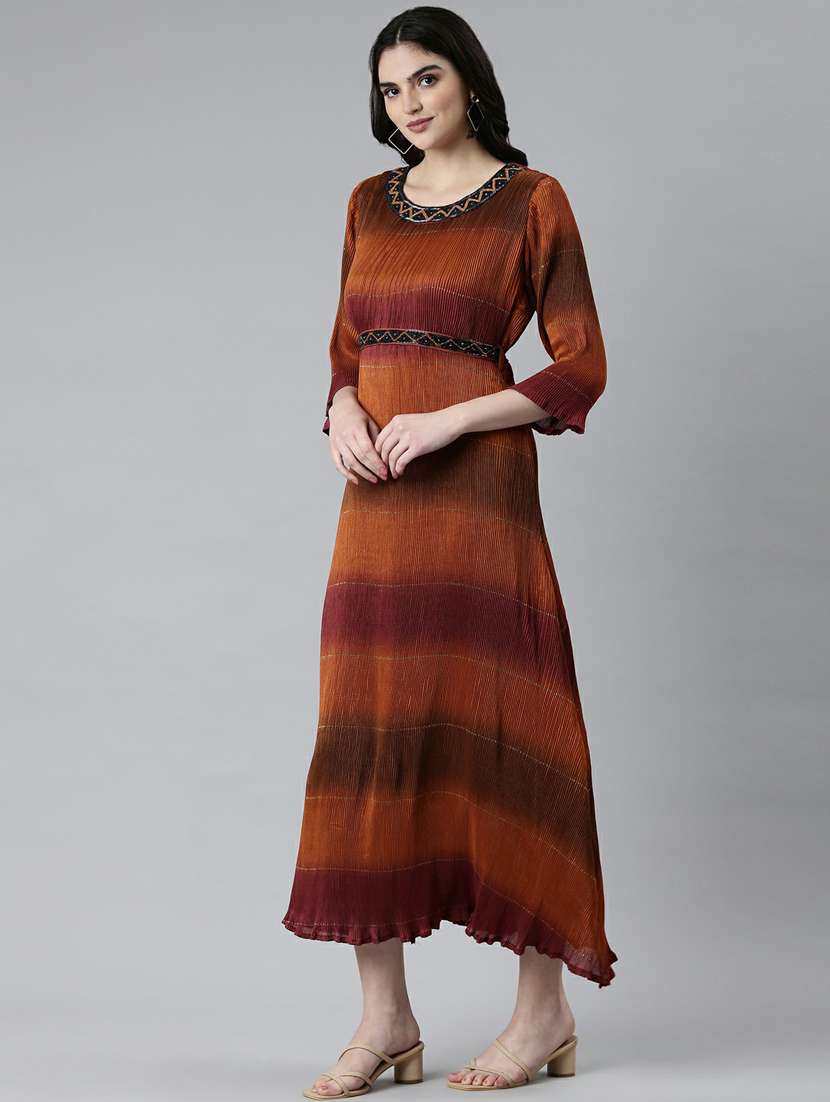 brown ombre print round neck a-line dress - 20249523 - Standard Image - 1