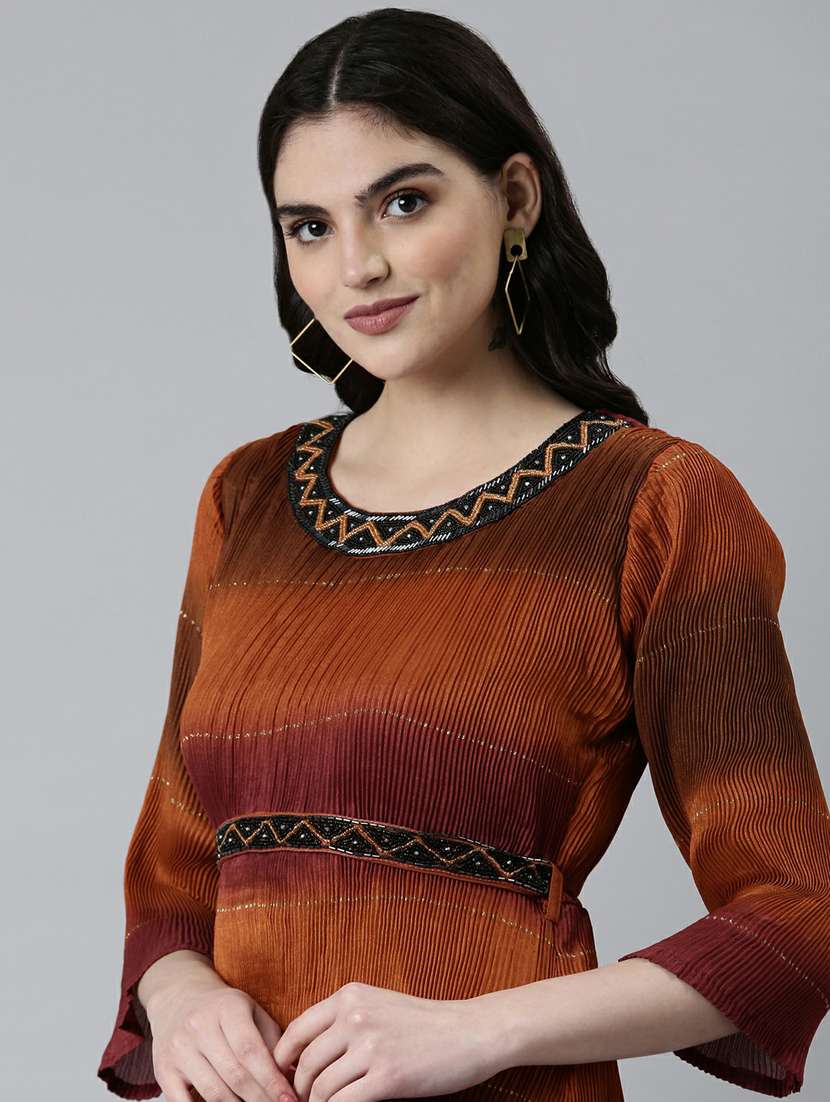 brown ombre print round neck a-line dress - 20249523 - Standard Image - 4