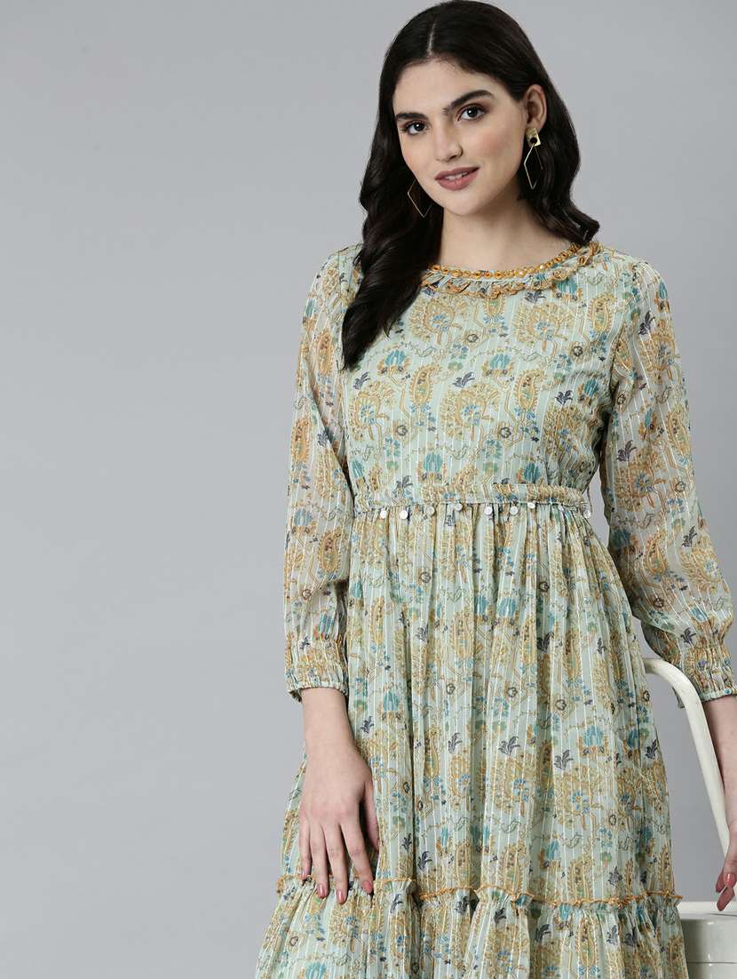 green floral fit & flare ethnic dress - 20249524 -  Standard Image - 4