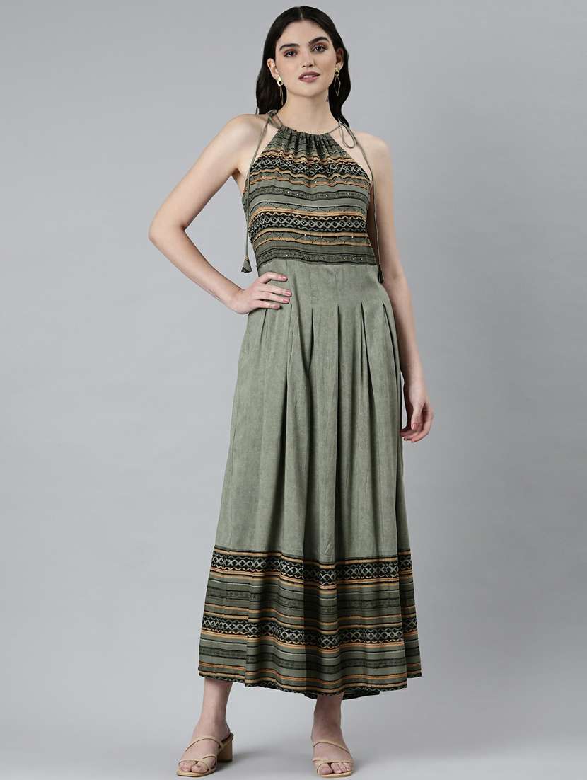 olive block print maxi dress