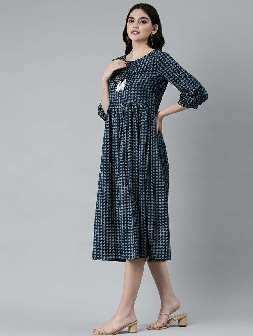 navy blue geometric fit & flare dress - 20249529 -  Standard Image - 1