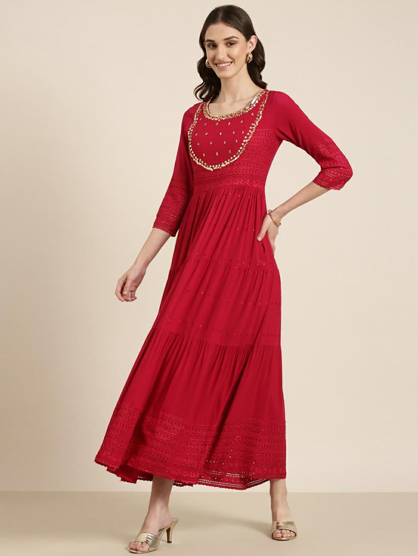 red solid with work tiered ethnic dress - 20249533 - Standard Image - 1