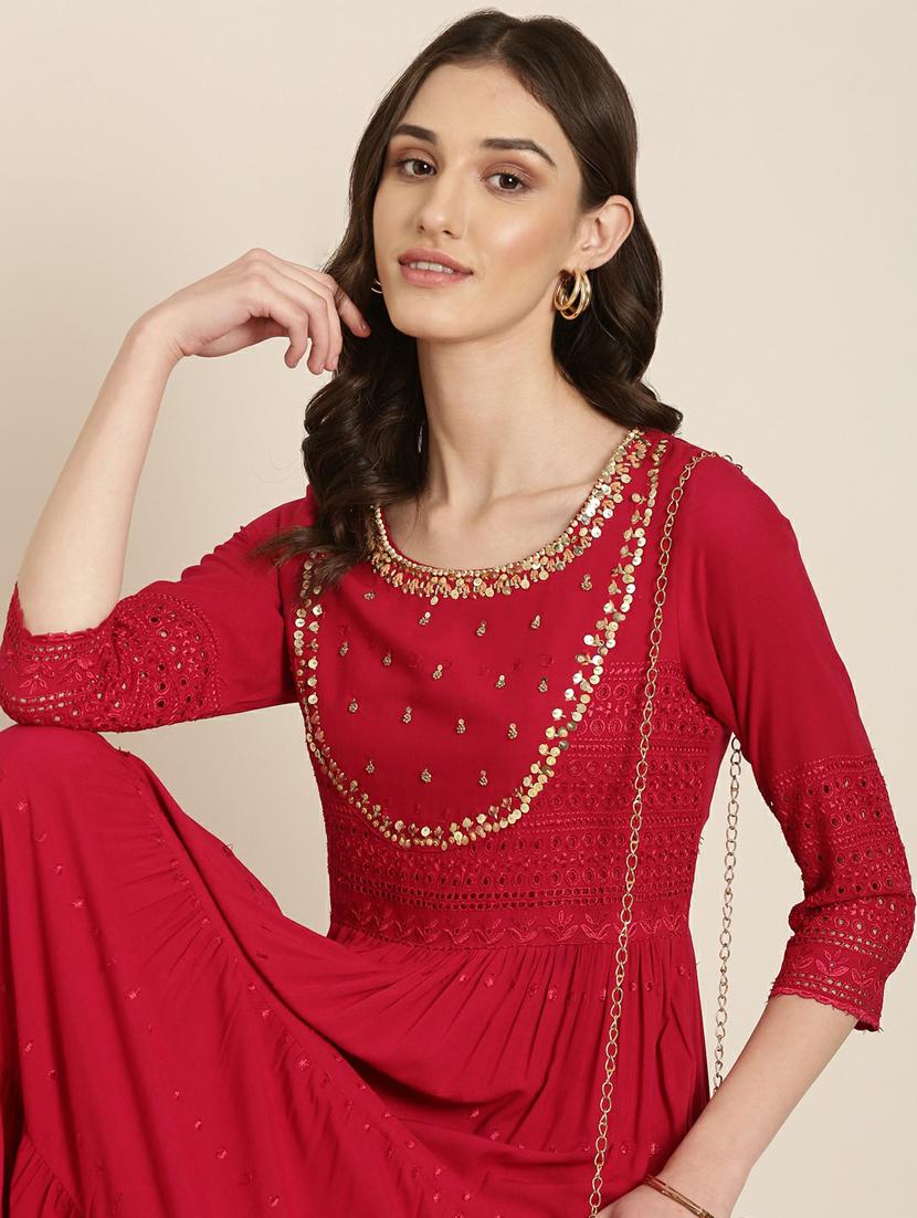 red solid with work tiered ethnic dress - 20249533 - Standard Image - 4