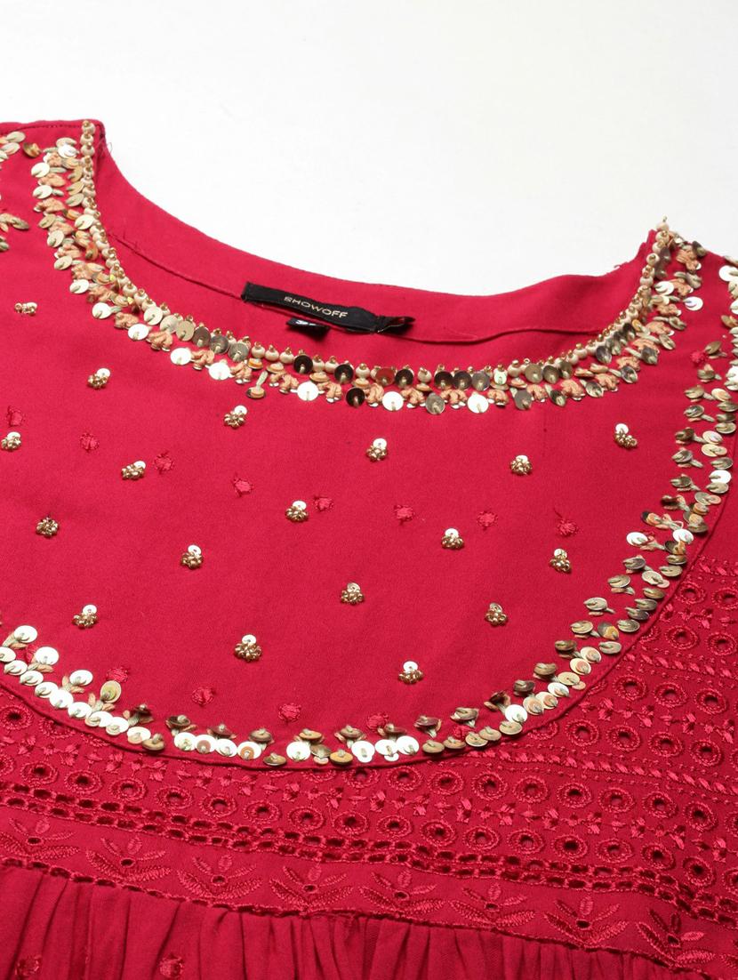 red solid with work tiered ethnic dress - 20249533 - Standard Image - 6