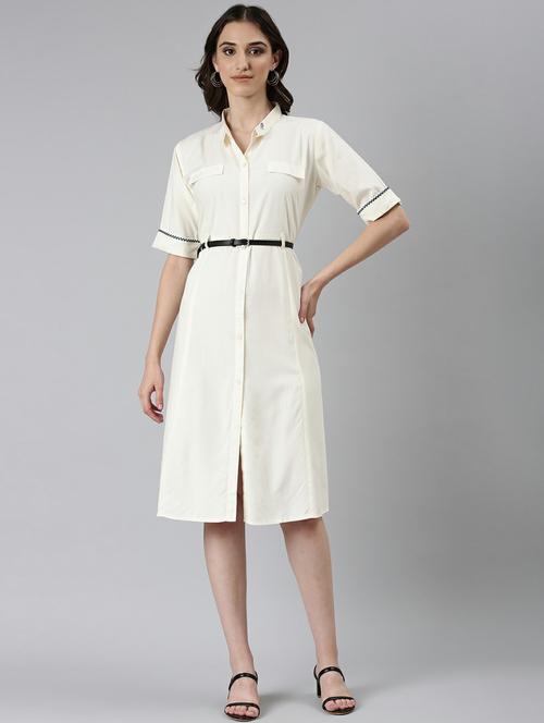white solid short sleeves a-line dress with belt - 20249540 - Standard Image - 0