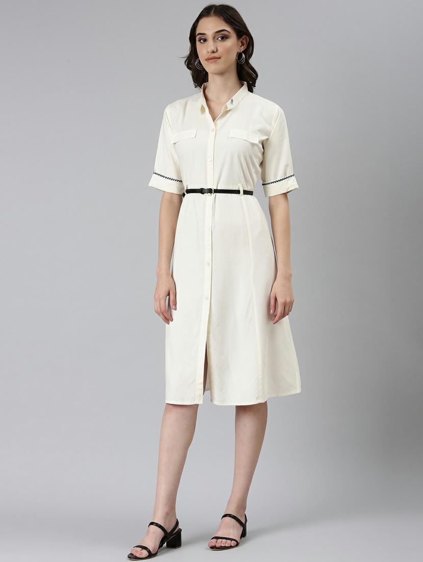 white solid short sleeves a-line dress with belt - 20249540 -  Standard Image - 1