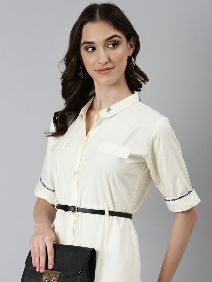 white solid short sleeves a-line dress with belt - 20249540 - Standard Image - 4
