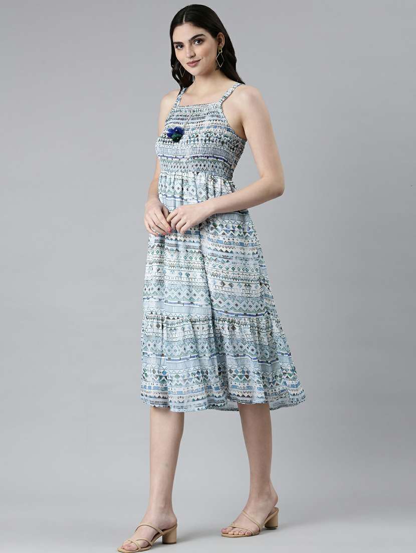 blue printed fit & flare dress - 20249546 -  Standard Image - 1