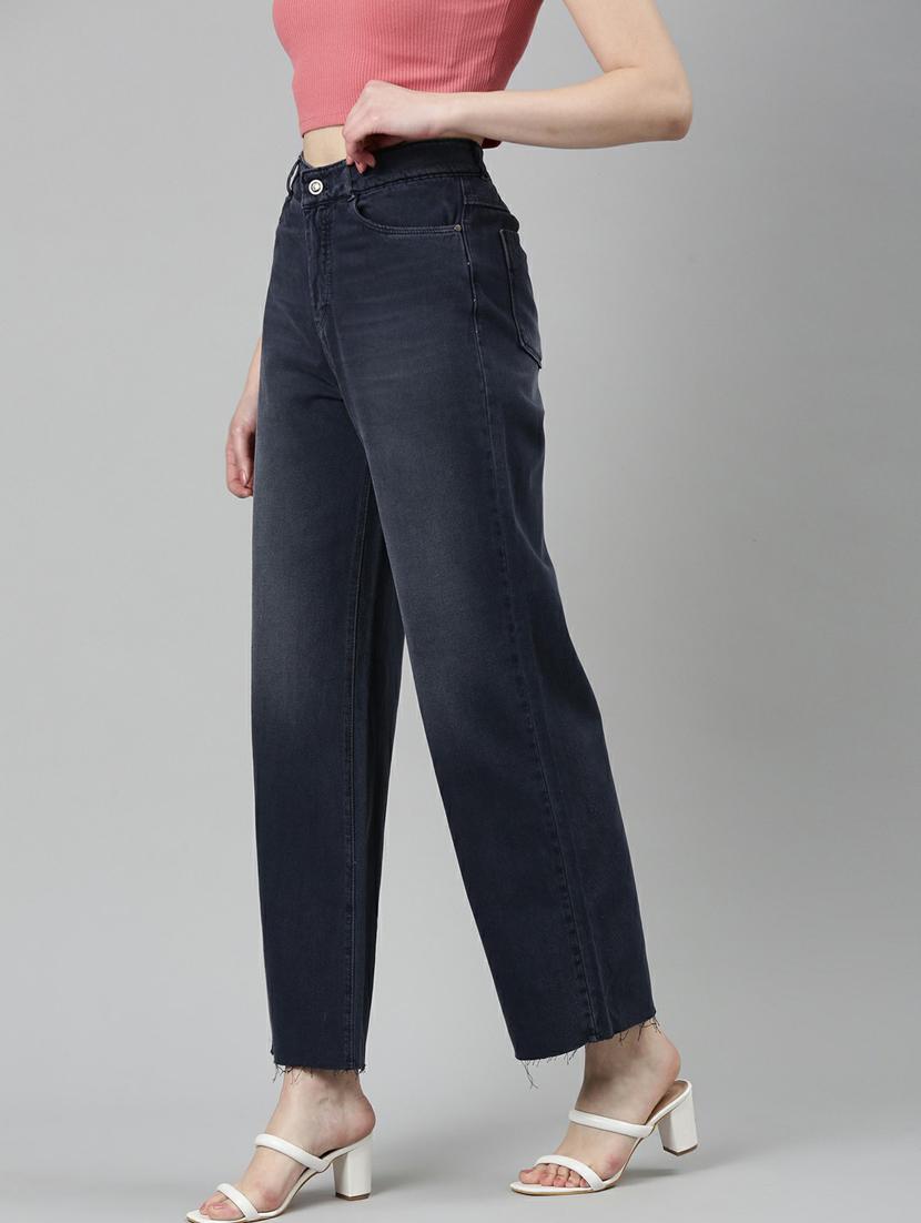 showoff women's high-rise stretchable regular navy blue wide leg jeans - 20249631 -  Standard Image - 1