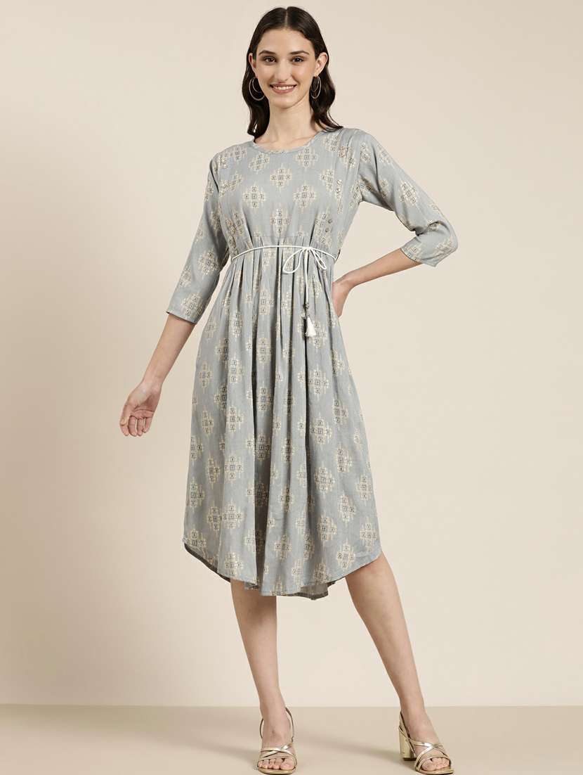 grey printed asymmetric ethnic dress