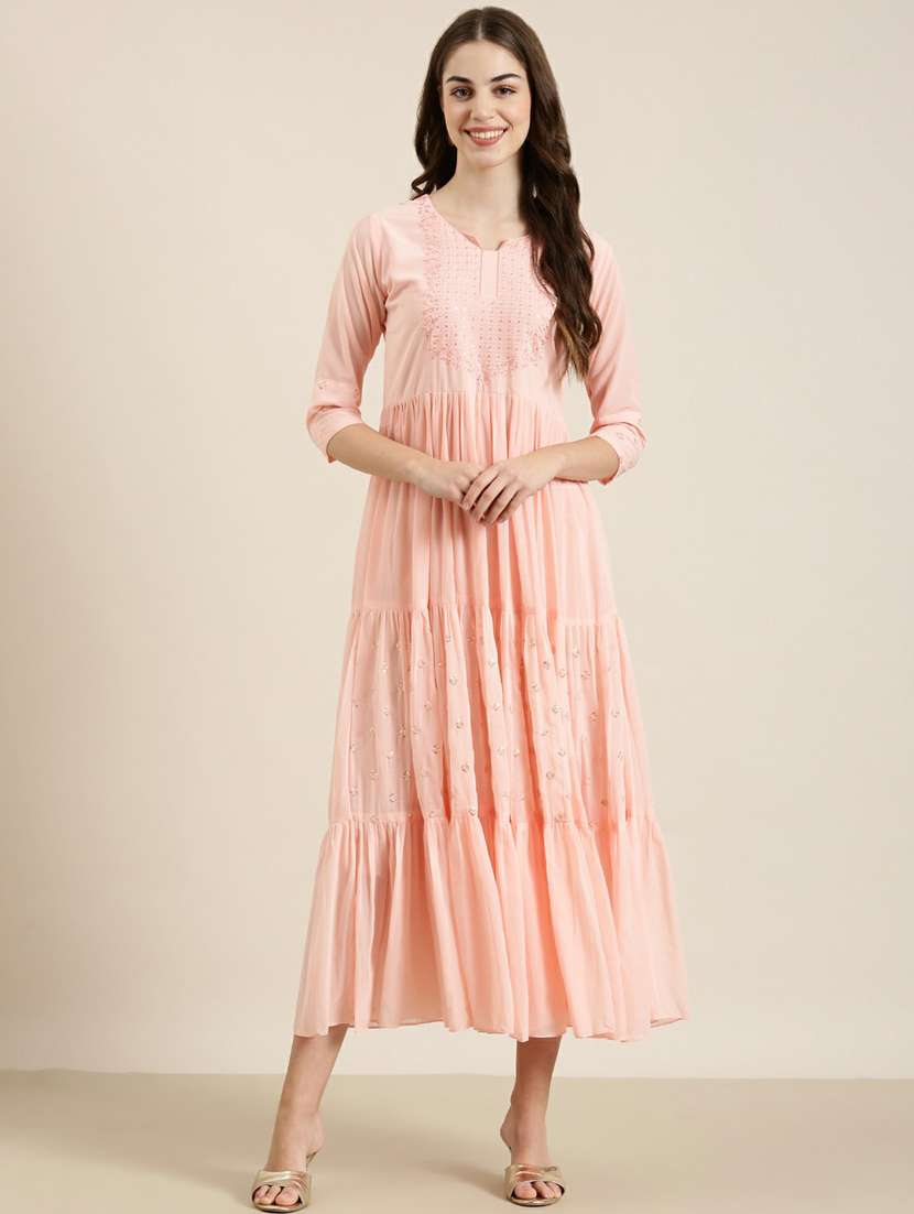 peach solid with work tiered ethnic dress