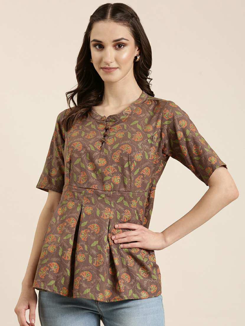 women mandarin collar floral  a-line top