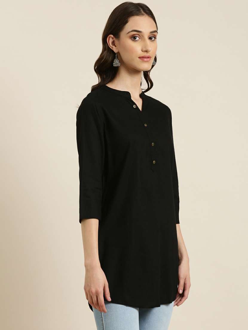 women's mandarin collar solid black straight kurti - 20251198 -  Standard Image - 1