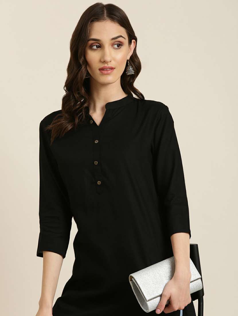 women's mandarin collar solid black straight kurti - 20251198 -  Standard Image - 4