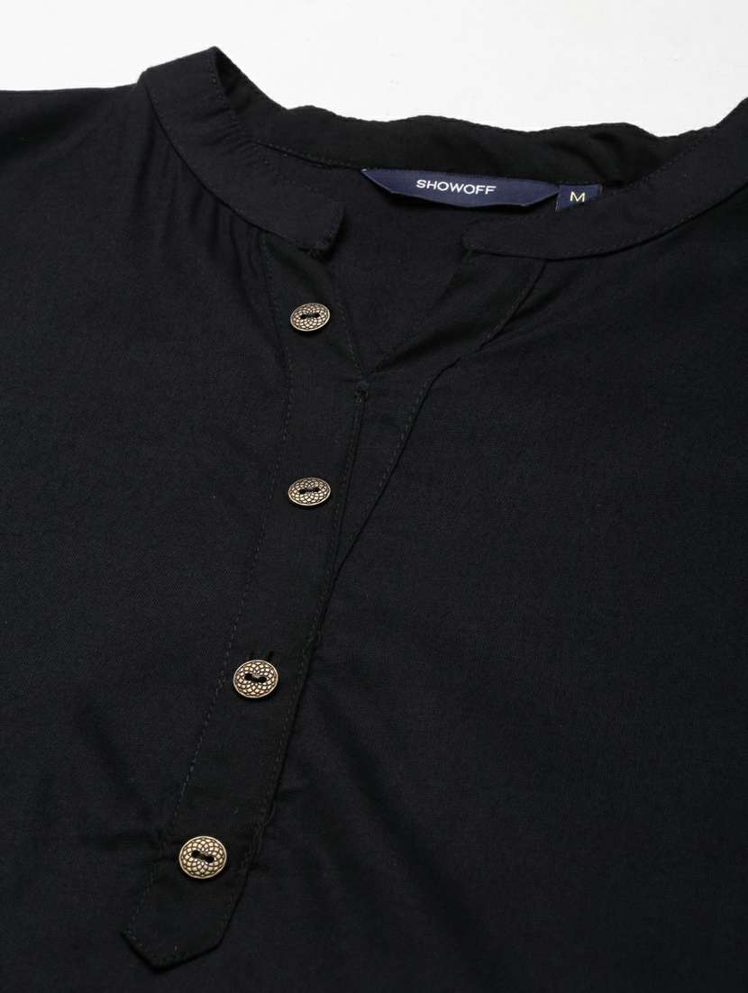 women's mandarin collar solid black straight kurti - 20251198 -  Standard Image - 6