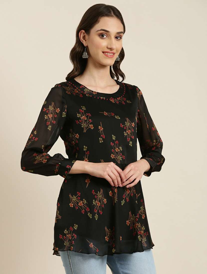 women black round neck floral a-line kurti - 20251199 -  Standard Image - 1