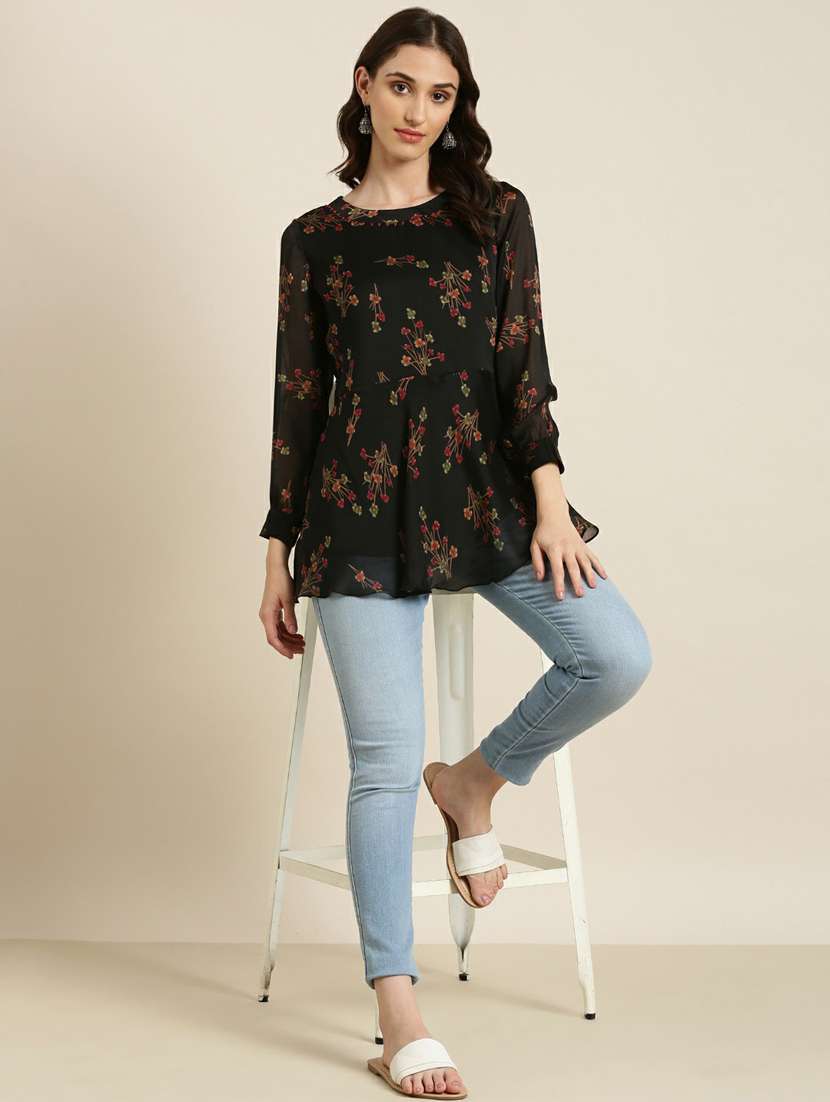 women black round neck floral a-line kurti - 20251199 - Standard Image - 4