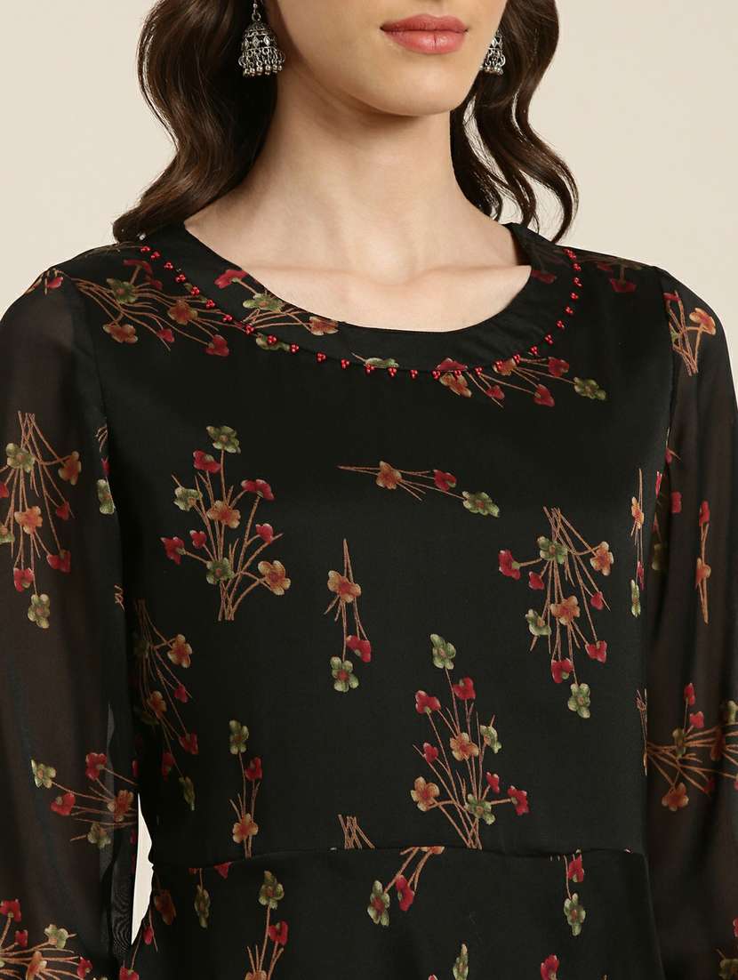 women black round neck floral a-line kurti - 20251199 - Standard Image - 6
