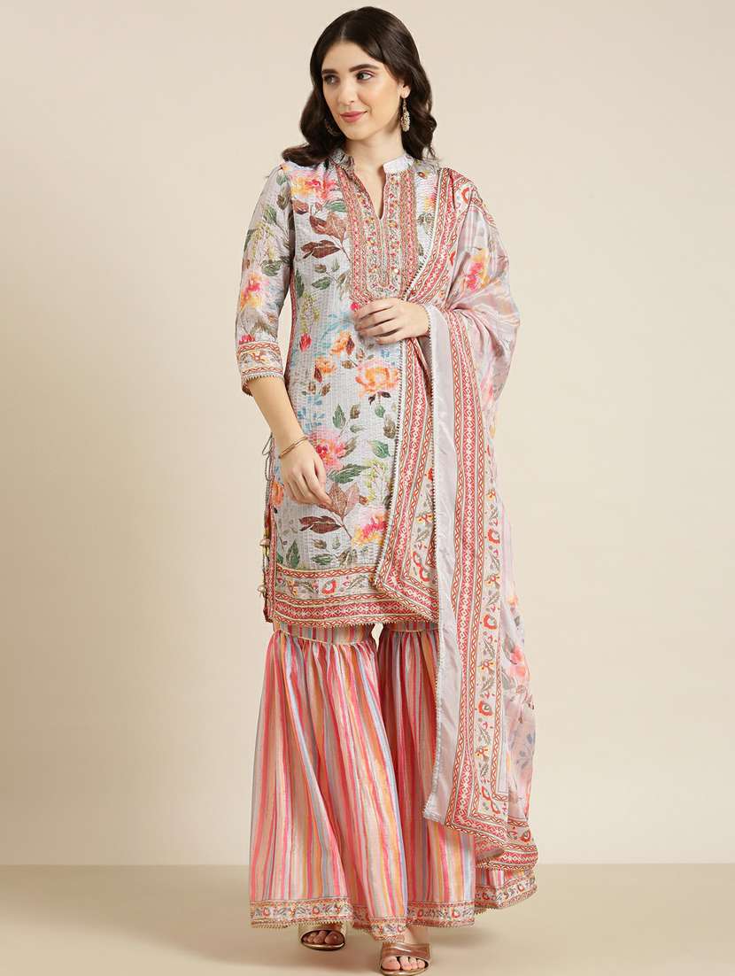 women floral printed kurta sharara set with dupatta