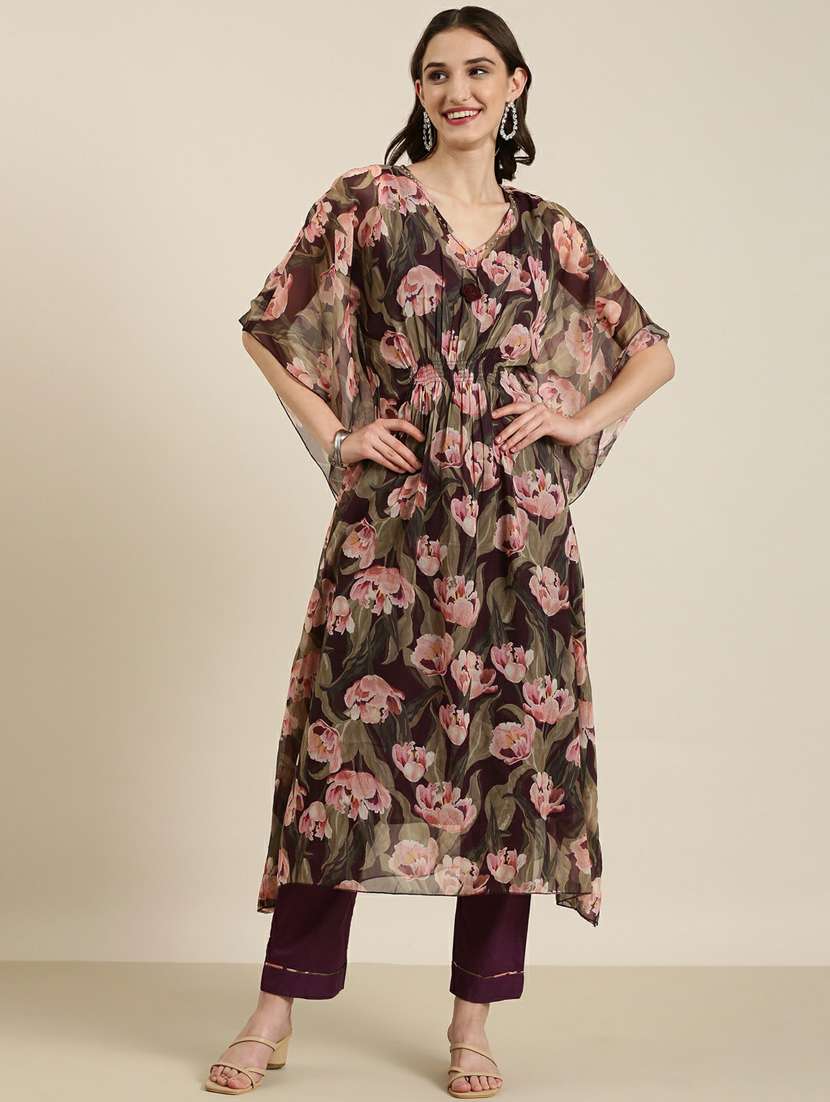 women floral printed v neck kaftan set - 20251260 -  Standard Image - 1