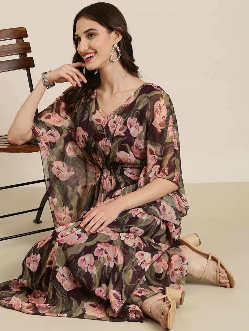 women floral printed v neck kaftan set - 20251260 - Standard Image - 4