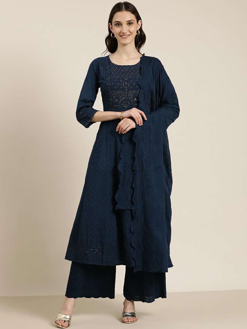 women navy blue kurta palazzo set with dupatta