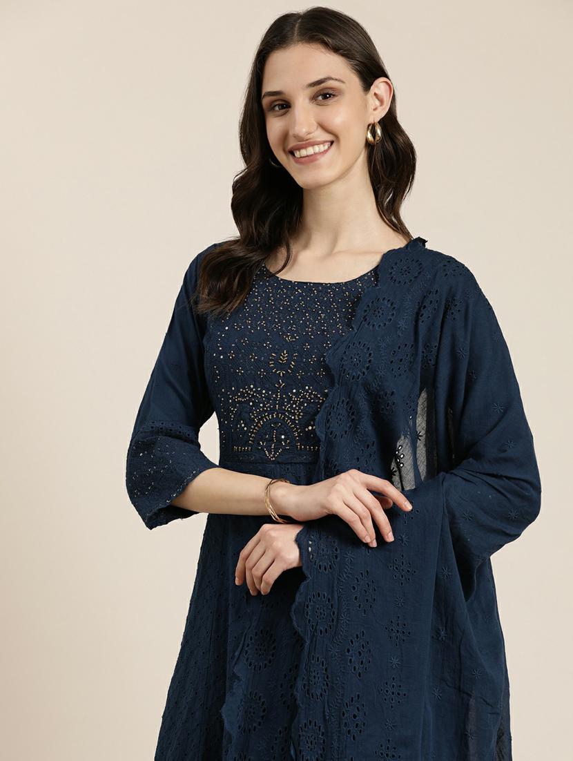 women navy blue kurta palazzo set with dupatta - 20251283 - Standard Image - 4