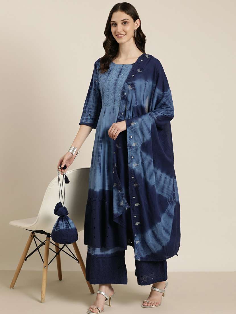 women tie & dye kurta palazzo set with dupatta