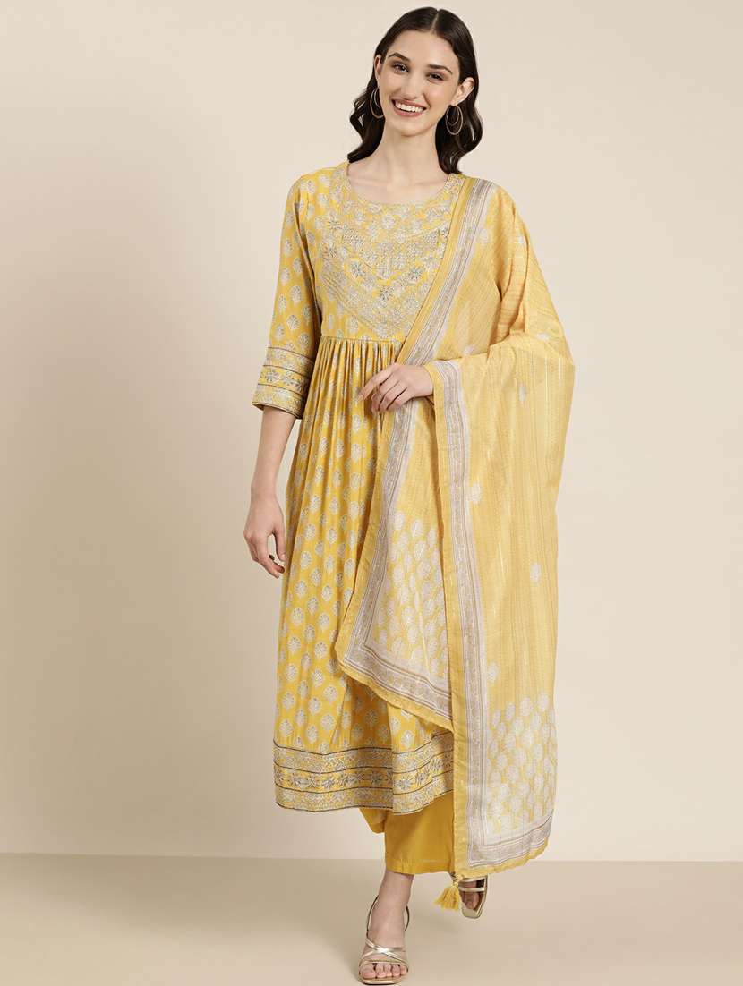 women yellow printed kurta pant set with dupatta