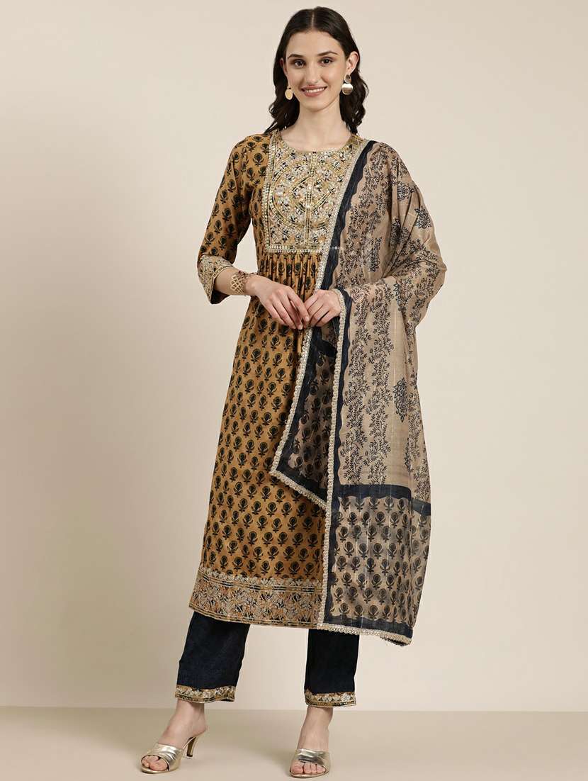 women khaki block print kurta pant set with dupatta