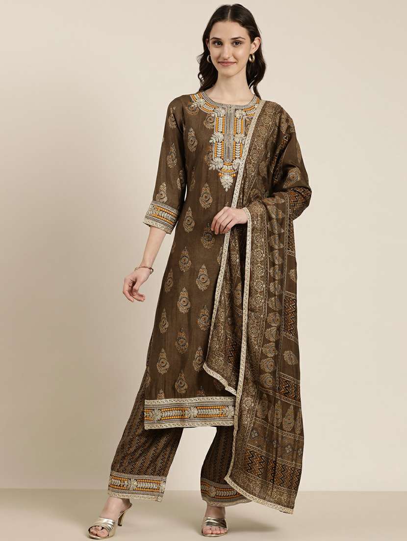 women brown printed kurta palazzo set with dupatta